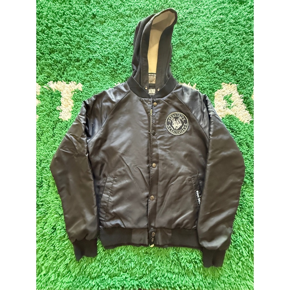 Social Collision Bomber Jacket Mens XS Black Excellent Hooded Wolf Patch Zip Up